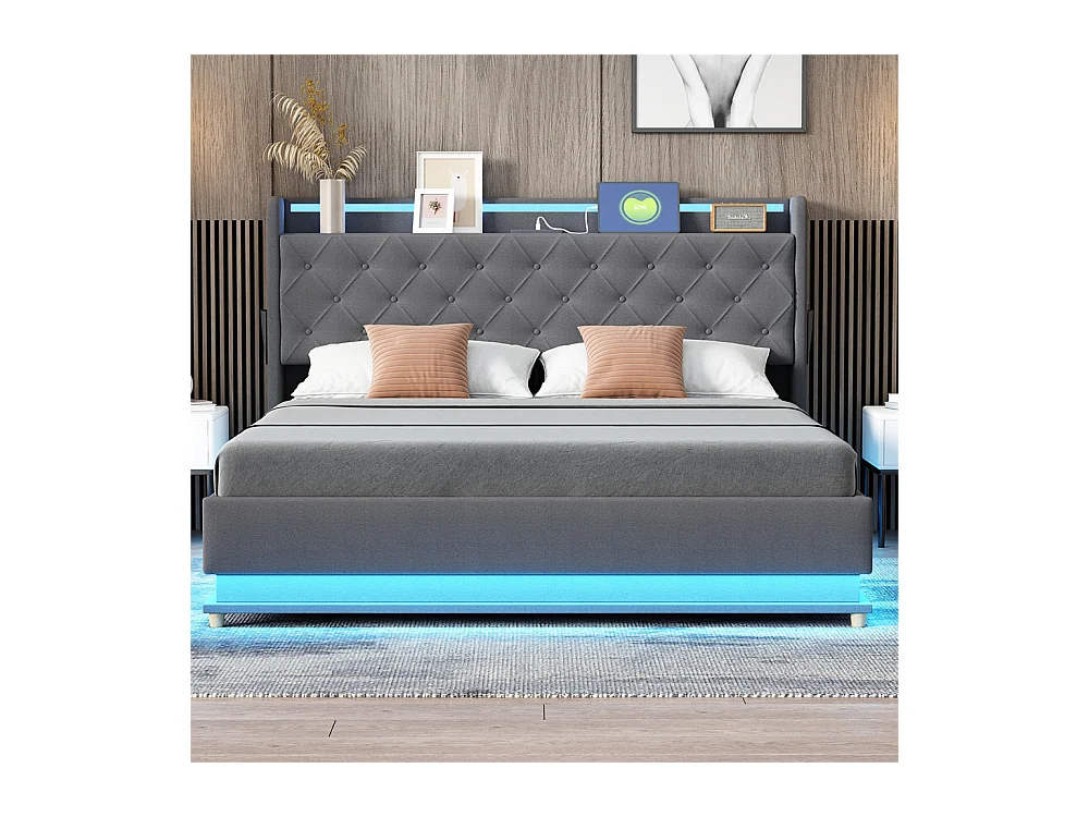 Volwassen bed 160x200 cm bed led gewatteerd hydraulisch tweepersoonsbed grijs linnen