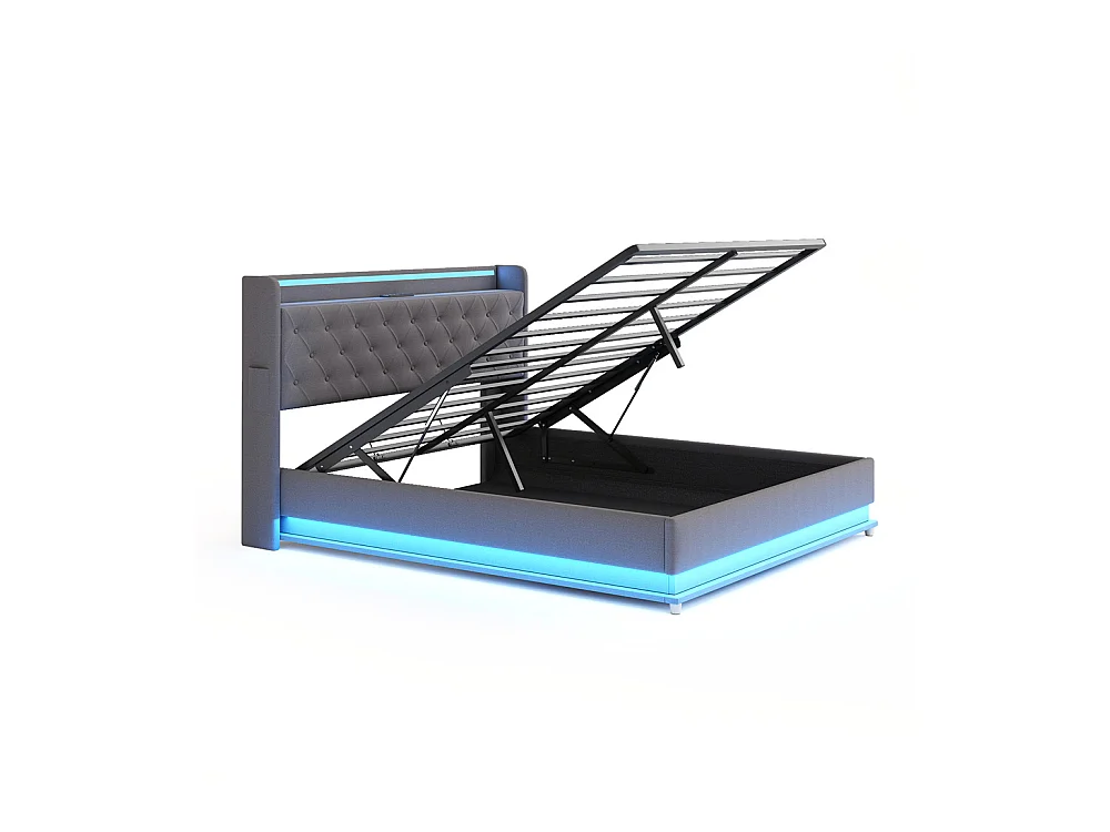 Volwassen bed 160x200 cm bed led gewatteerd hydraulisch tweepersoonsbed grijs linnen