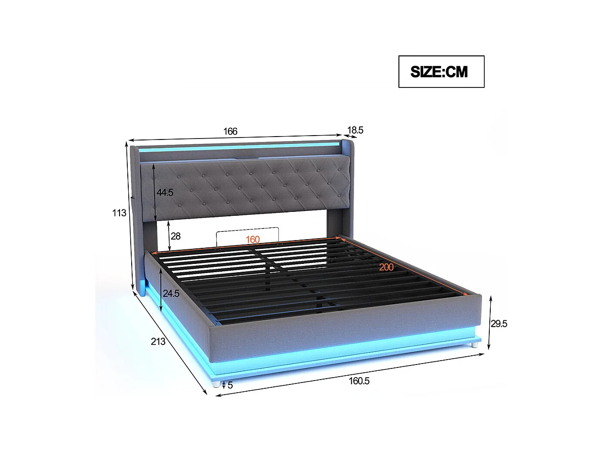 Volwassen bed 160x200 cm bed led gewatteerd hydraulisch tweepersoonsbed grijs linnen