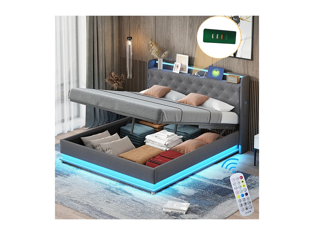 Volwassen bed 160x200 cm bed led gewatteerd hydraulisch tweepersoonsbed grijs linnen