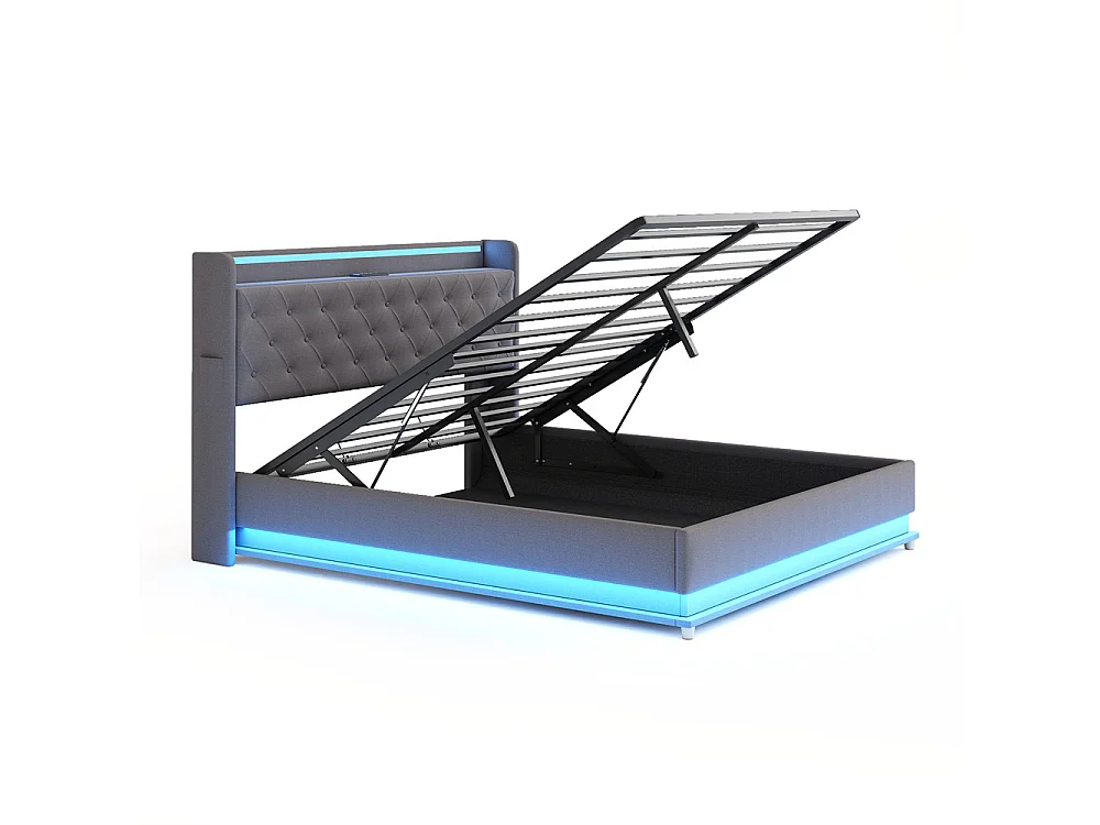 Volwassen bed 160x200 cm bed led gewatteerd hydraulisch tweepersoonsbed grijs linnen