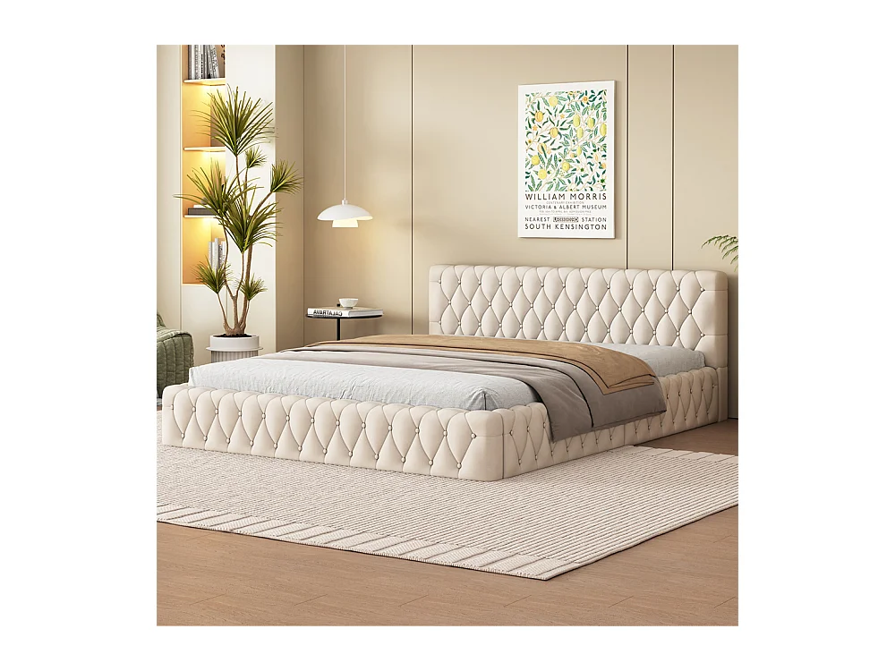 Lit adulte lit 140x200 cm lit rembourré lit double velours beige