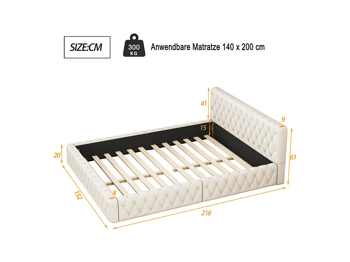 Lit adulte lit 140x200 cm lit rembourré lit double velours beige