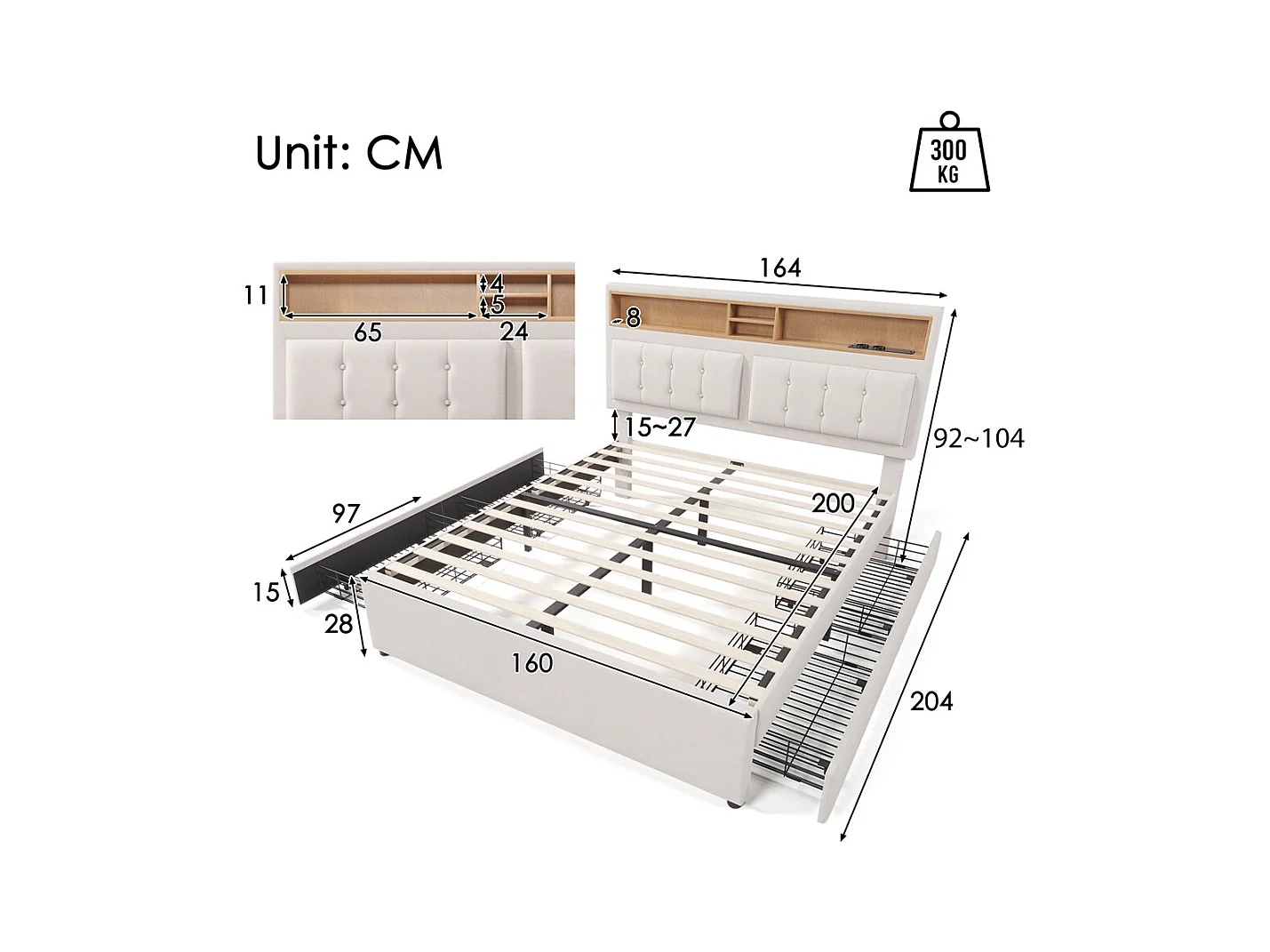 Volwassen bed 160x200 cm gestoffeerd bed met vier lades met houten lattenbodem tweepersoonsbed beige linnen