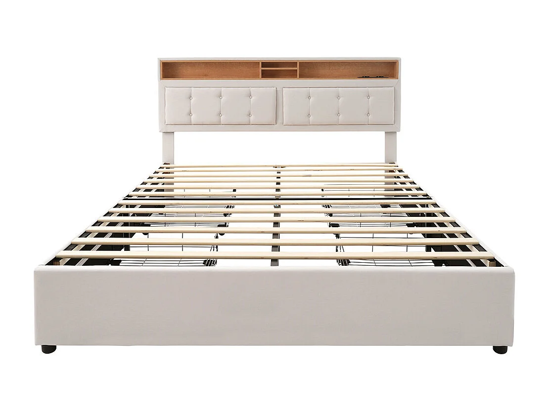 Volwassen bed 160x200 cm gestoffeerd bed met vier lades met houten lattenbodem tweepersoonsbed beige linnen