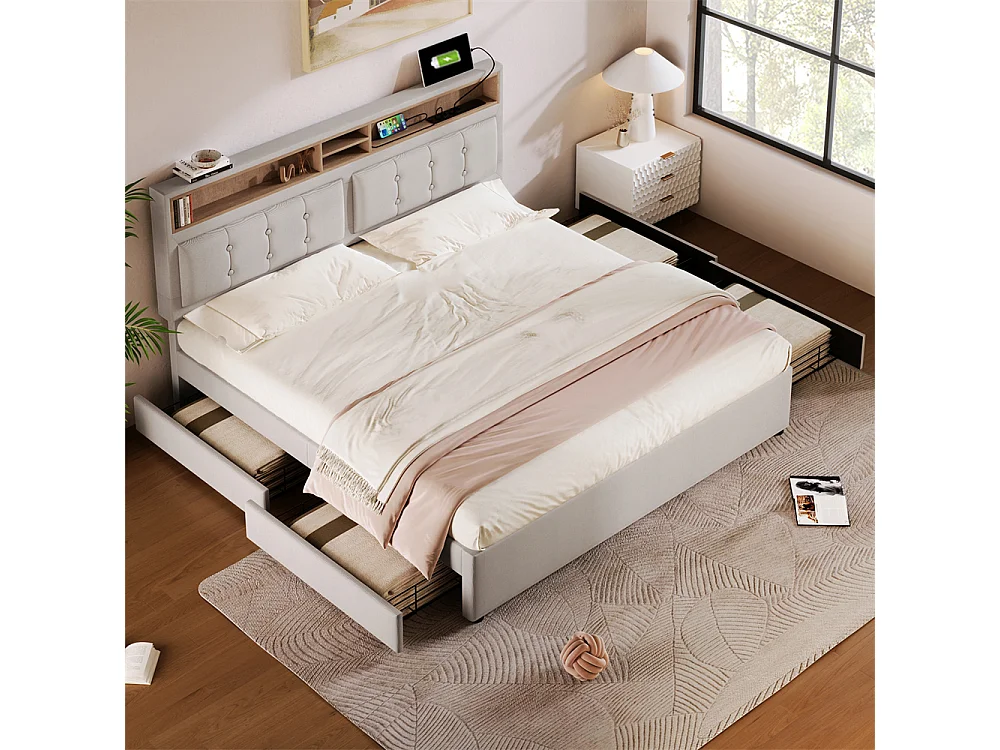 Volwassen bed 160x200 cm gestoffeerd bed met vier lades met houten lattenbodem tweepersoonsbed beige linnen