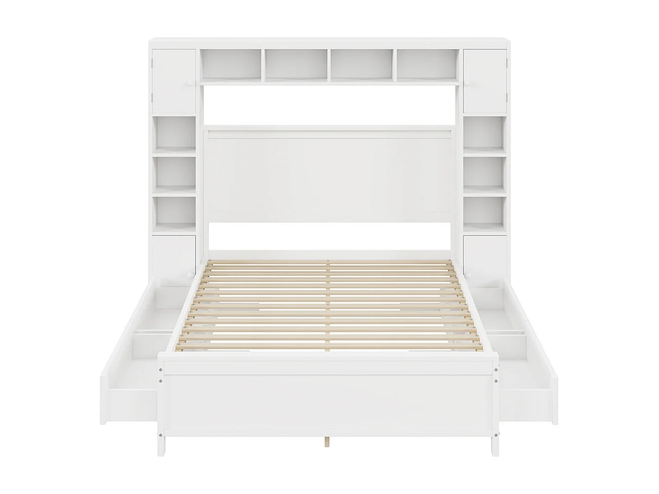 Volwassen bed 140x200 cm lattenbodem met 4 lades en opbergkast tweepersoonsbed massief hout wit