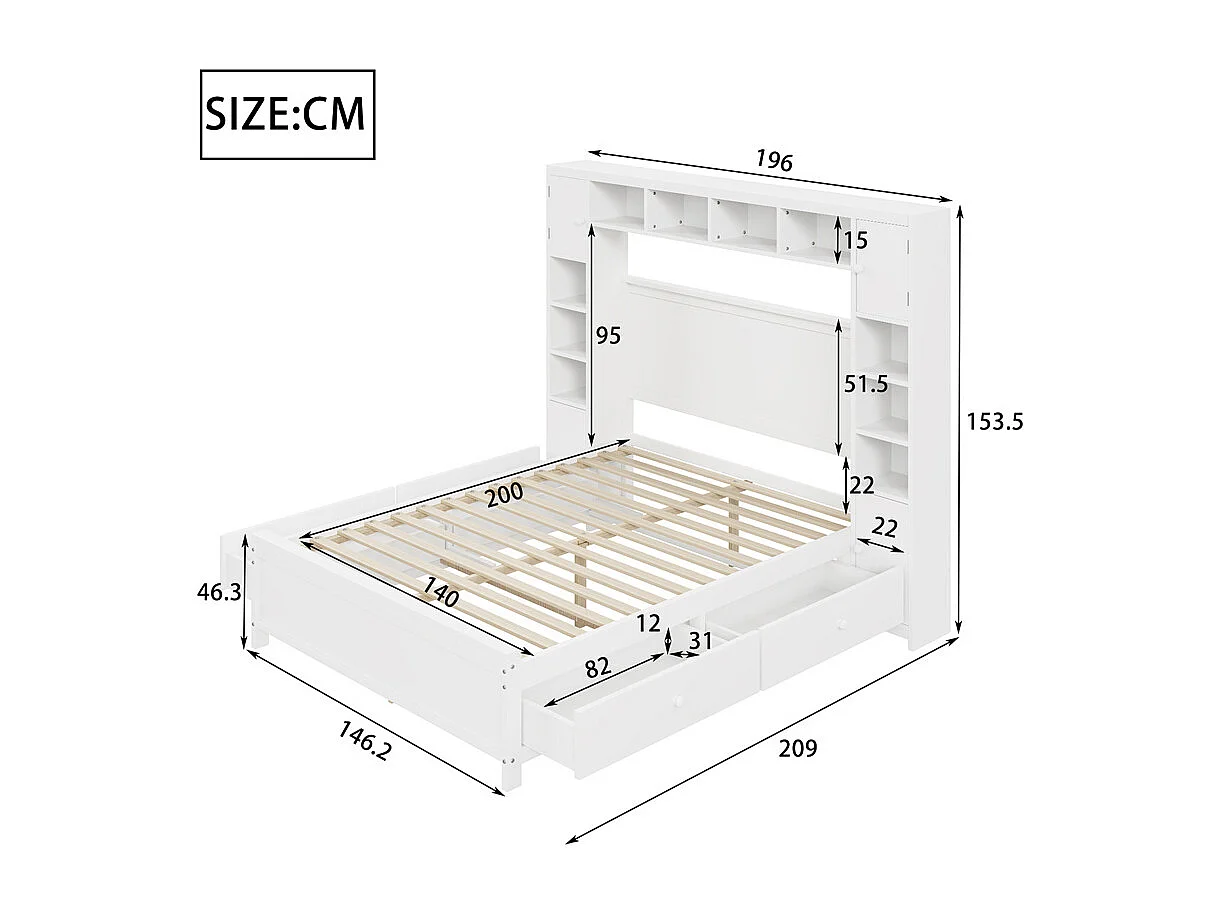 Volwassen bed 140x200 cm lattenbodem met 4 lades en opbergkast tweepersoonsbed massief hout wit