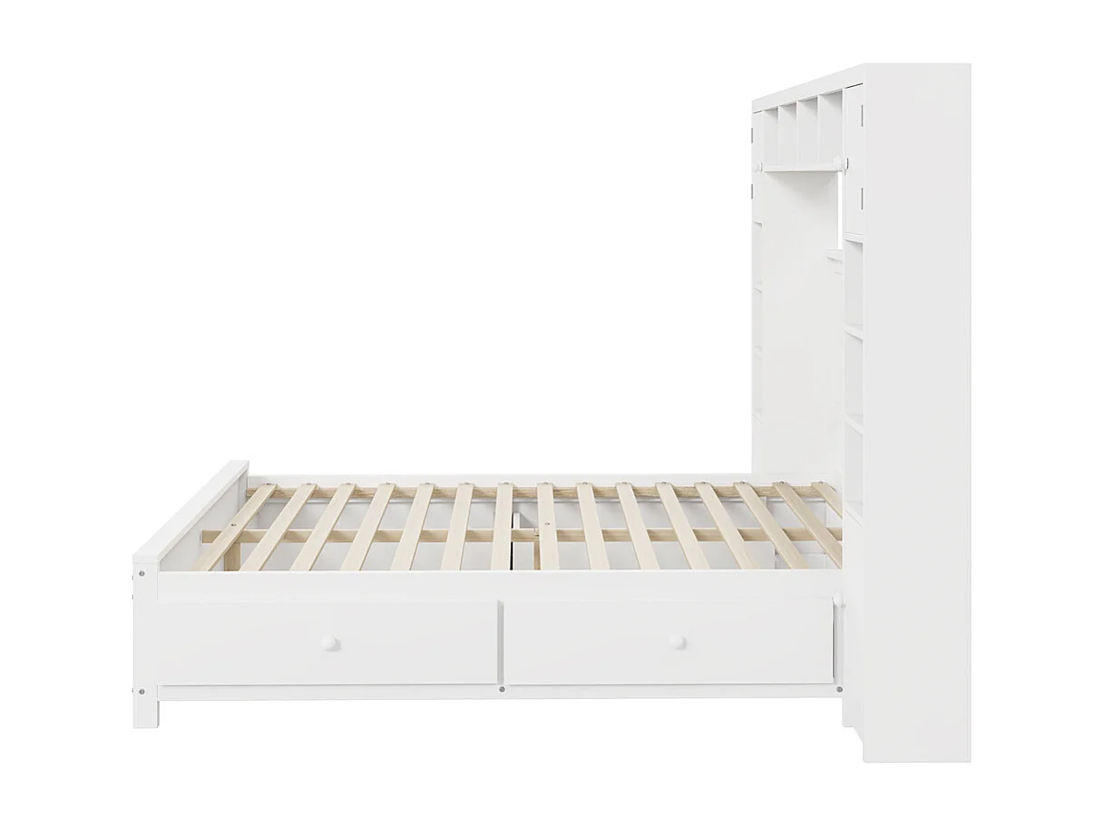 Volwassen bed 140x200 cm lattenbodem met 4 lades en opbergkast tweepersoonsbed massief hout wit