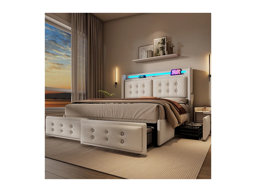 Volwassen bed 180x200 cm gestoffeerd bed 4 laden bed opbergbed met houten lattenbodem tweepersoonsbed katoen linnen beige