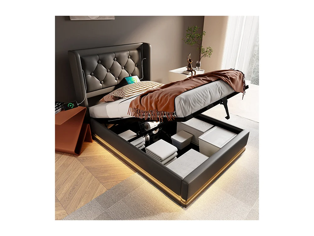 Volwassen bed 90x200 cm hydraulisch gestoffeerd bed Eenpersoonsbed met opbergruimte en USB type-C oplaadfunctie hoofdeinde PU zwart
