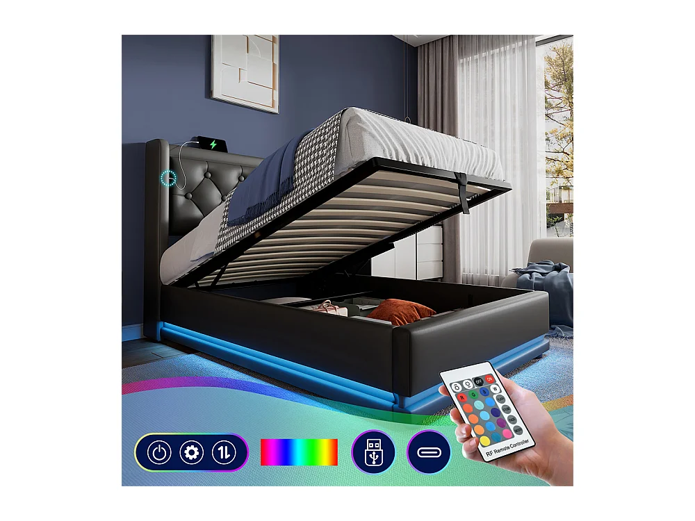 Volwassen bed 90x200 cm hydraulisch gestoffeerd bed Eenpersoonsbed met opbergruimte en USB type-C oplaadfunctie hoofdeinde PU zwart