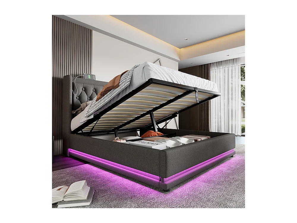 Lit adulte lit 140x200 cm lit rembourré hydraulique lit de rangement lit double coton gris