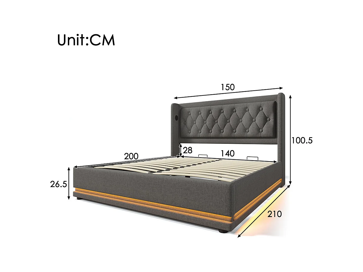 Lit adulte lit 140x200 cm lit rembourré hydraulique lit de rangement lit double coton gris
