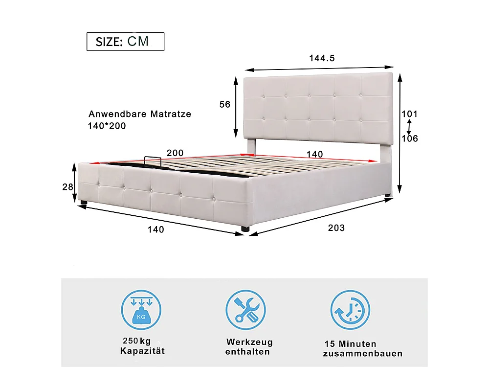 Volwassen bed 140x200 cm hydraulisch gestoffeerd bed opbergbed tweepersoonsbed crèmewit fluweel