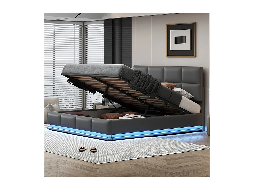 Lit adulte lit 180x200 cm lit rembourré hydraulique avec éclairage led lit double cuir synthétique gris foncé