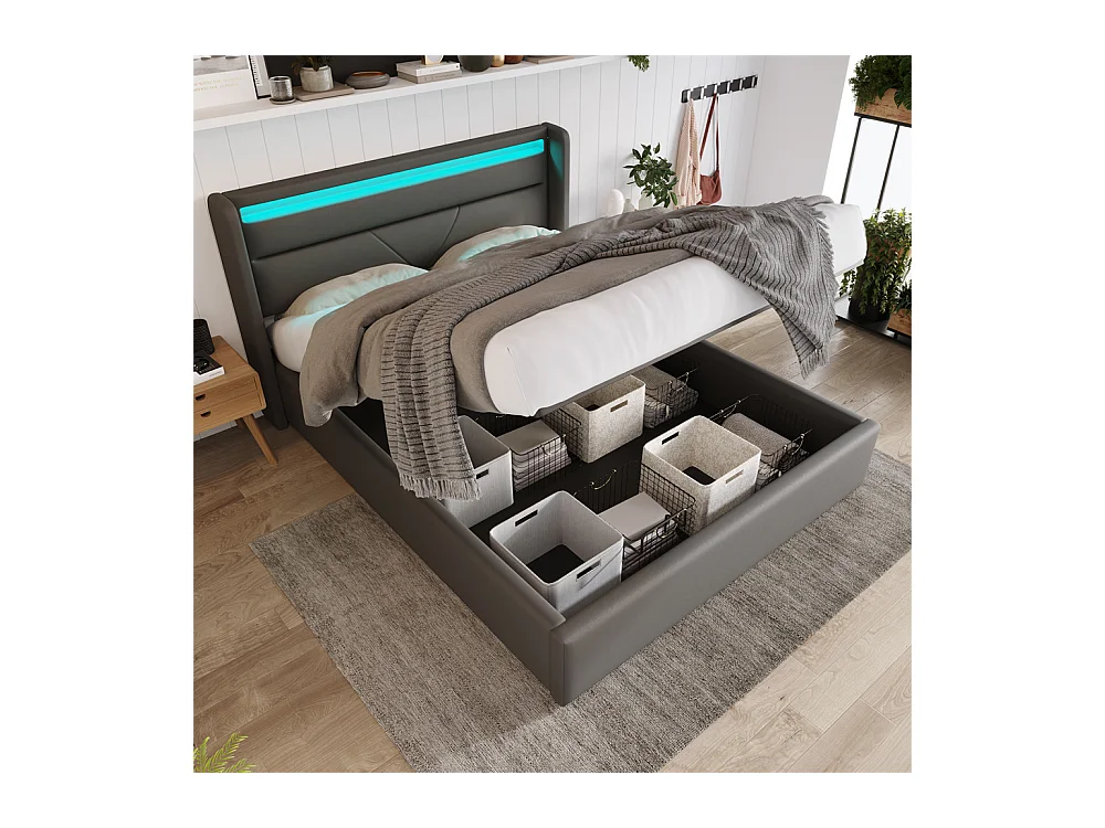 Volwassen bed 140x200 cm hydraulisch gestoffeerd bed opbergbed led verlichtingsbalk tweepersoonsbed pu grijs