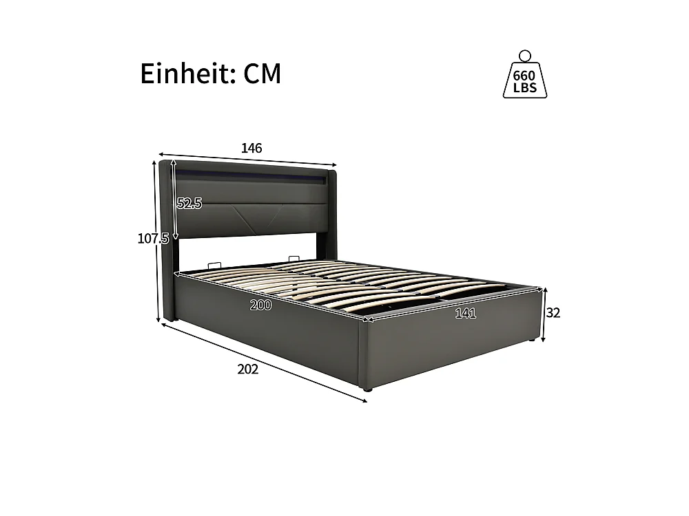 Volwassen bed 140x200 cm hydraulisch gestoffeerd bed opbergbed led verlichtingsbalk tweepersoonsbed pu grijs