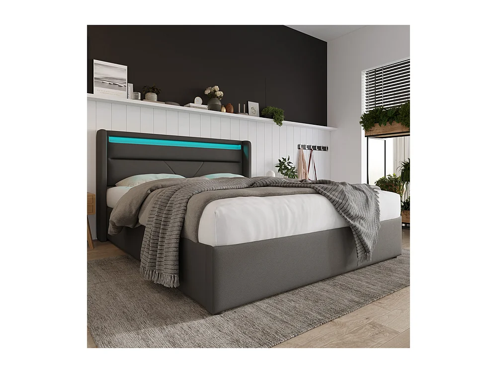 Volwassen bed 140x200 cm hydraulisch gestoffeerd bed opbergbed led verlichtingsbalk tweepersoonsbed pu grijs