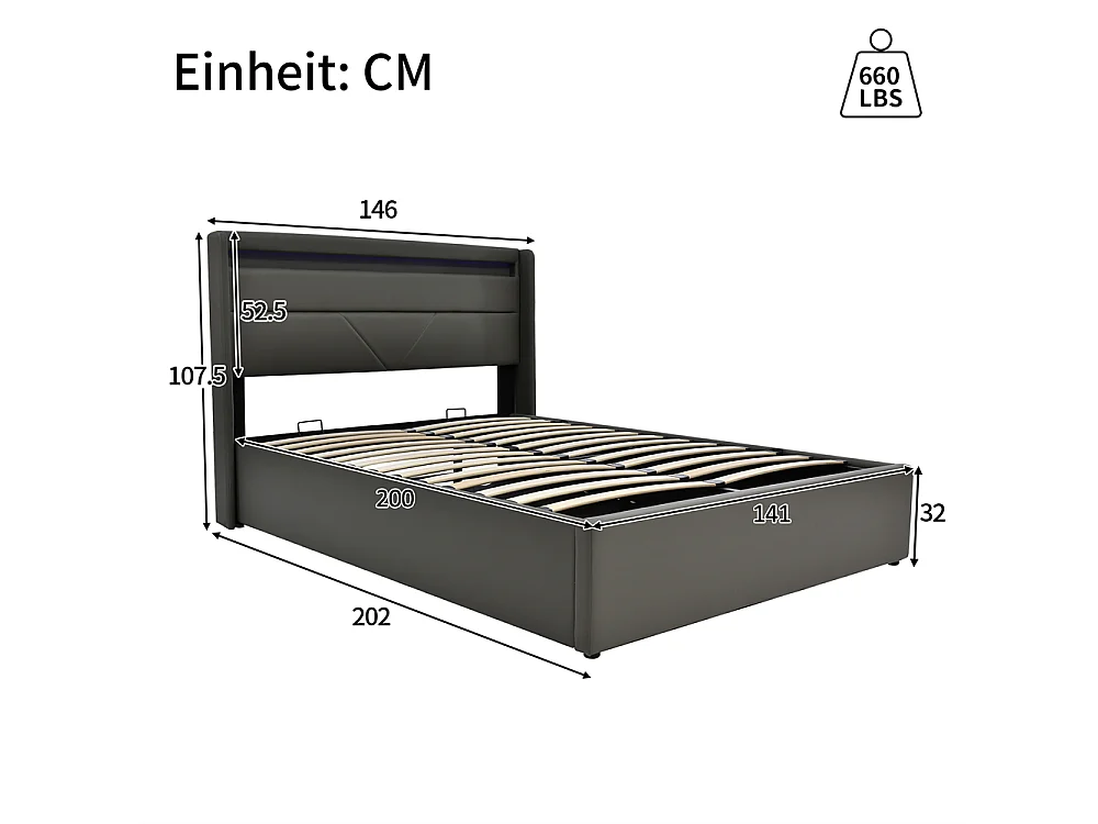 Volwassen bed 140x200 cm hydraulisch gestoffeerd bed opbergbed led verlichtingsbalk tweepersoonsbed pu grijs