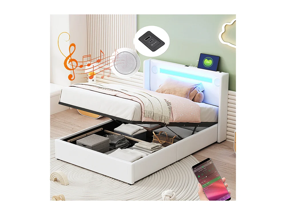 Gestoffeerd bed 90x200 cm bed lattenbodem led-lichtbalk bluetooth-speler en usb-oplader eenpersoonsbed wit PU-leer