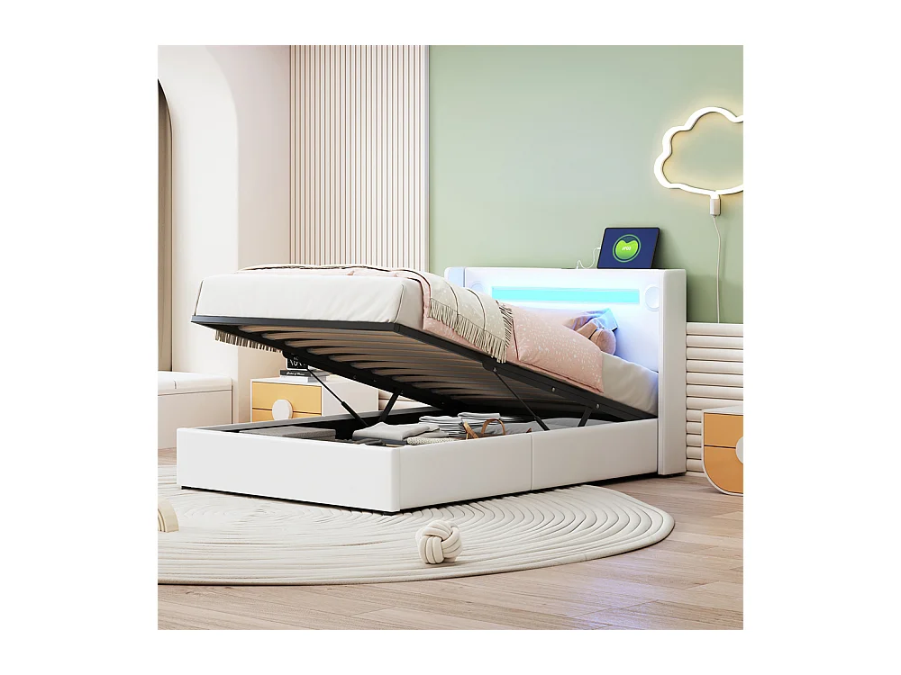 Gestoffeerd bed 90x200 cm bed lattenbodem led-lichtbalk bluetooth-speler en usb-oplader eenpersoonsbed wit PU-leer