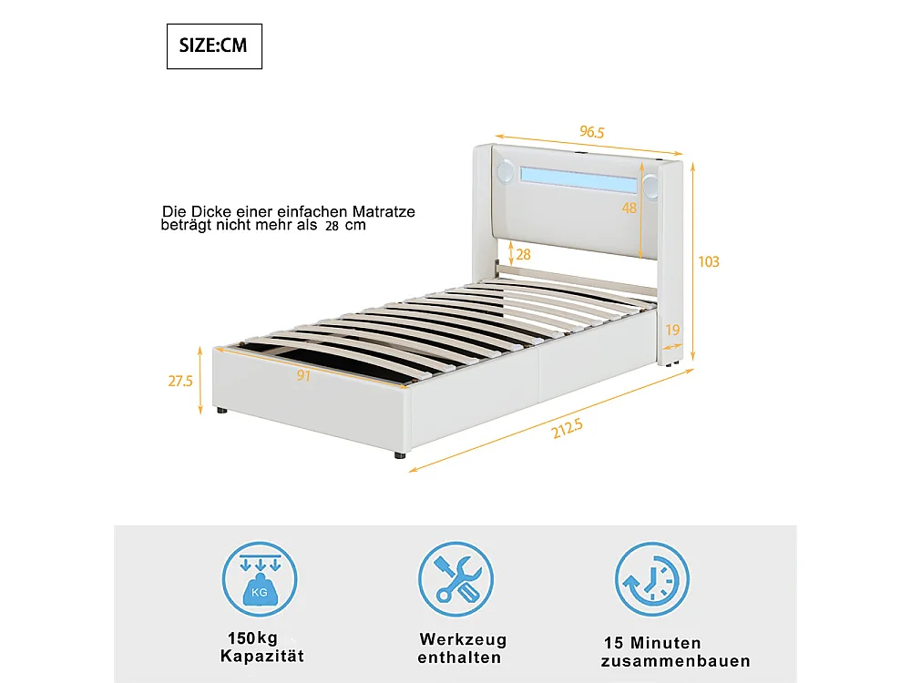 Gestoffeerd bed 90x200 cm bed lattenbodem led-lichtbalk bluetooth-speler en usb-oplader eenpersoonsbed wit PU-leer
