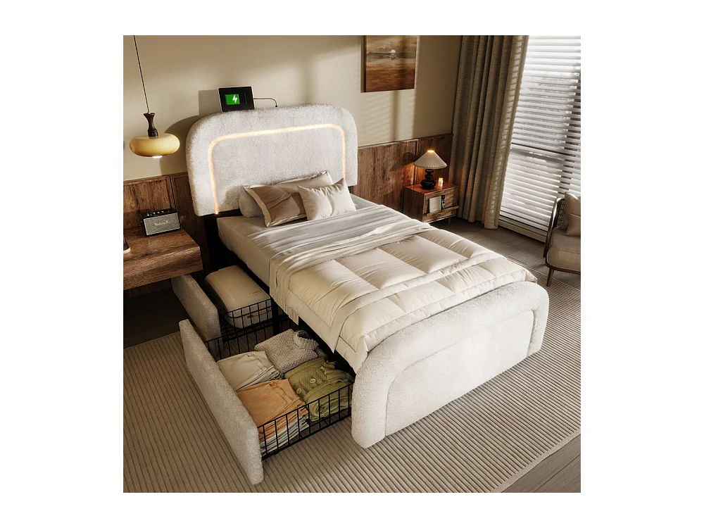 Volwassen bed 90x200 cm bed gestoffeerd bed led verlichting bed 2 laden bed houten lattenbodem Eenpersoons wit sherpa
