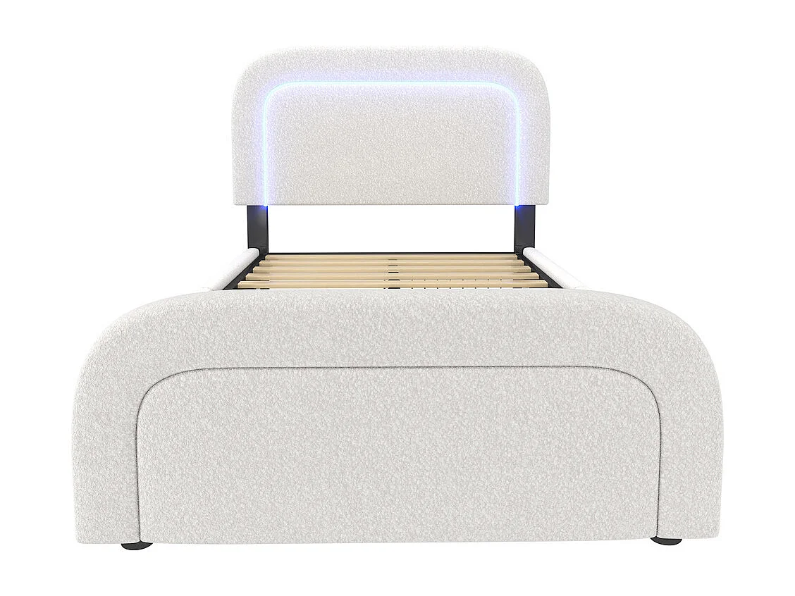 Volwassen bed 90x200 cm bed gestoffeerd bed led verlichting bed 2 laden bed houten lattenbodem Eenpersoons wit sherpa
