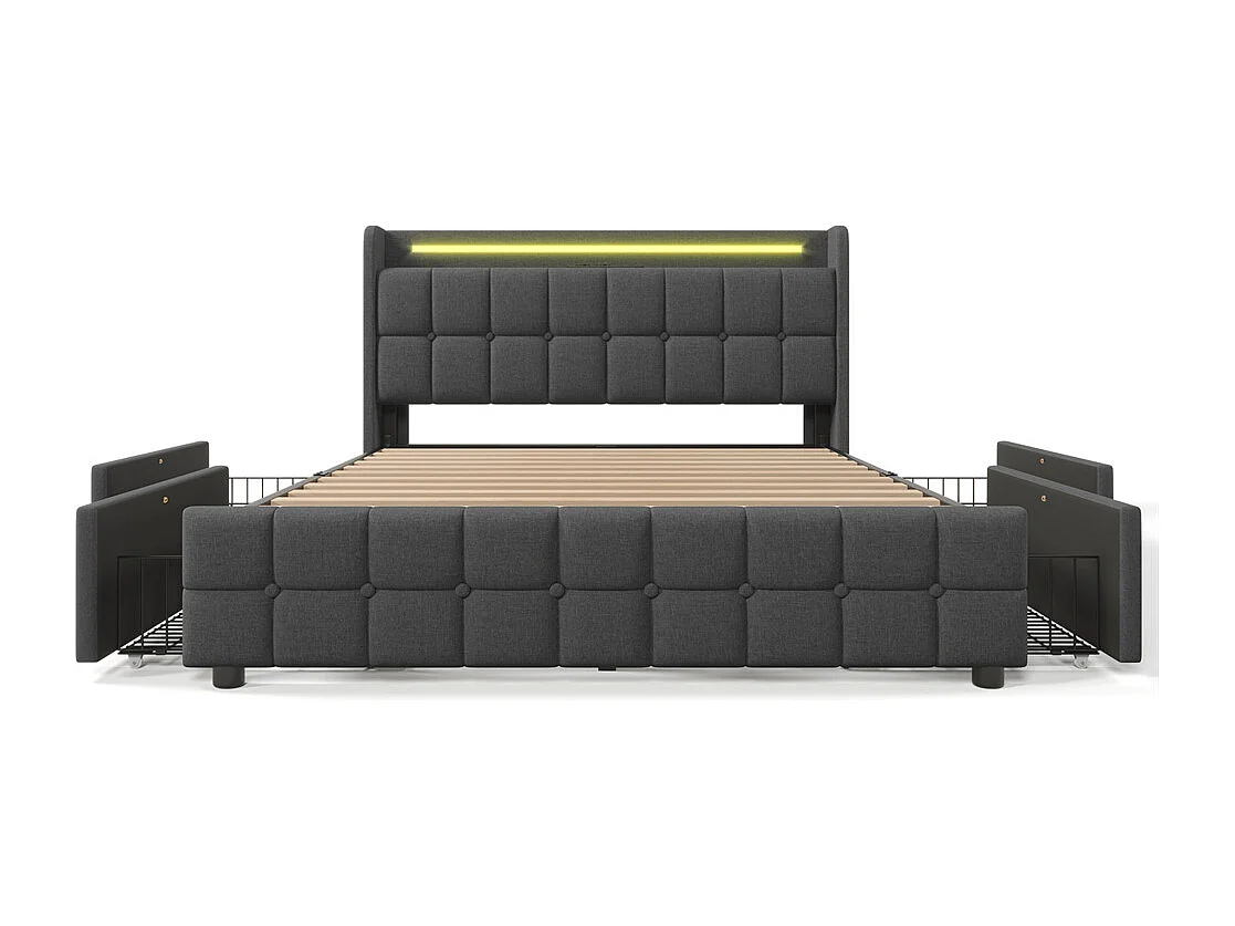 Gestoffeerd bed 180x200 cm opbergbed bed 4 lades led verlichting bed houten lattenbodem tweepersoonsbed grijs linnen