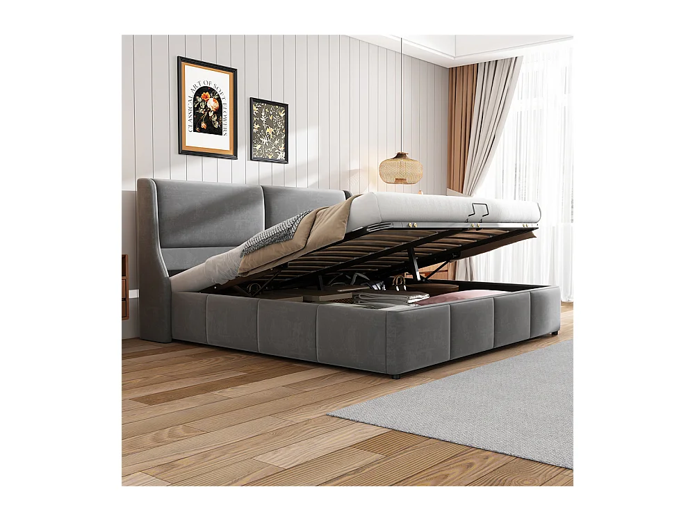 Lit adulte lit coffre lit 180x200 cm lit de rangement lit rembourré hydraulique lit en métal lit double velours gris