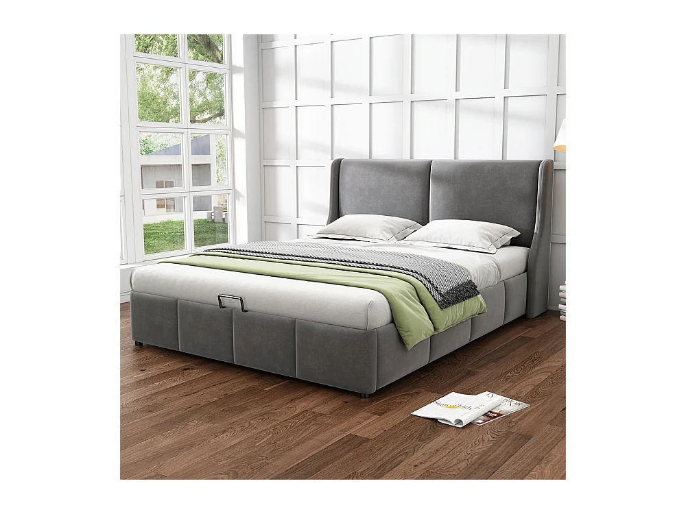 Lit adulte lit coffre lit 180x200 cm lit de rangement lit rembourré hydraulique lit en métal lit double velours gris