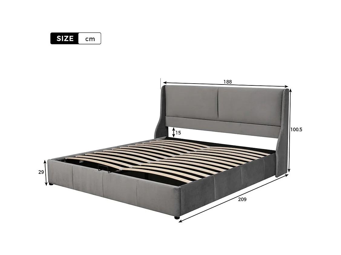 Lit adulte lit coffre lit 180x200 cm lit de rangement lit rembourré hydraulique lit en métal lit double velours gris