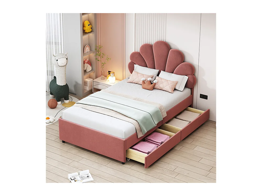 Lit adulte lit 90x200 cm lit rembourré lit cadre à lamelles lit 2 compartiments de rangement Single velours rose