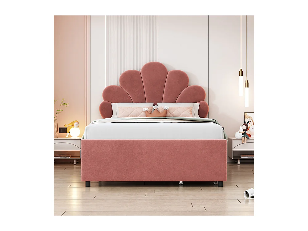 Lit adulte lit 90x200 cm lit rembourré lit cadre à lamelles lit 2 compartiments de rangement Single velours rose