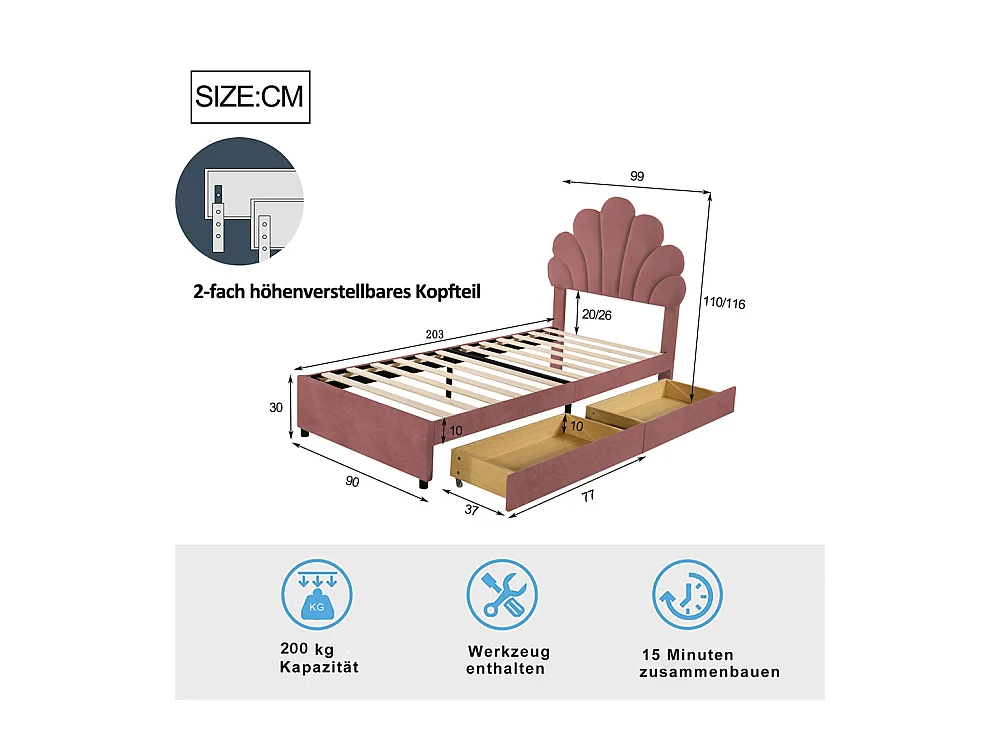 Lit adulte lit 90x200 cm lit rembourré lit cadre à lamelles lit 2 compartiments de rangement Single velours rose