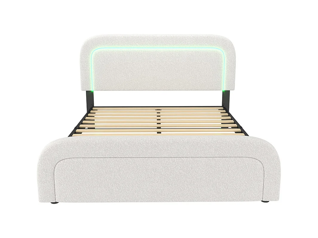 Lit rembourré 160x200 cm avec fonction de charge usb type c éclairage led lit sommier à lattes en bois lit double blanc