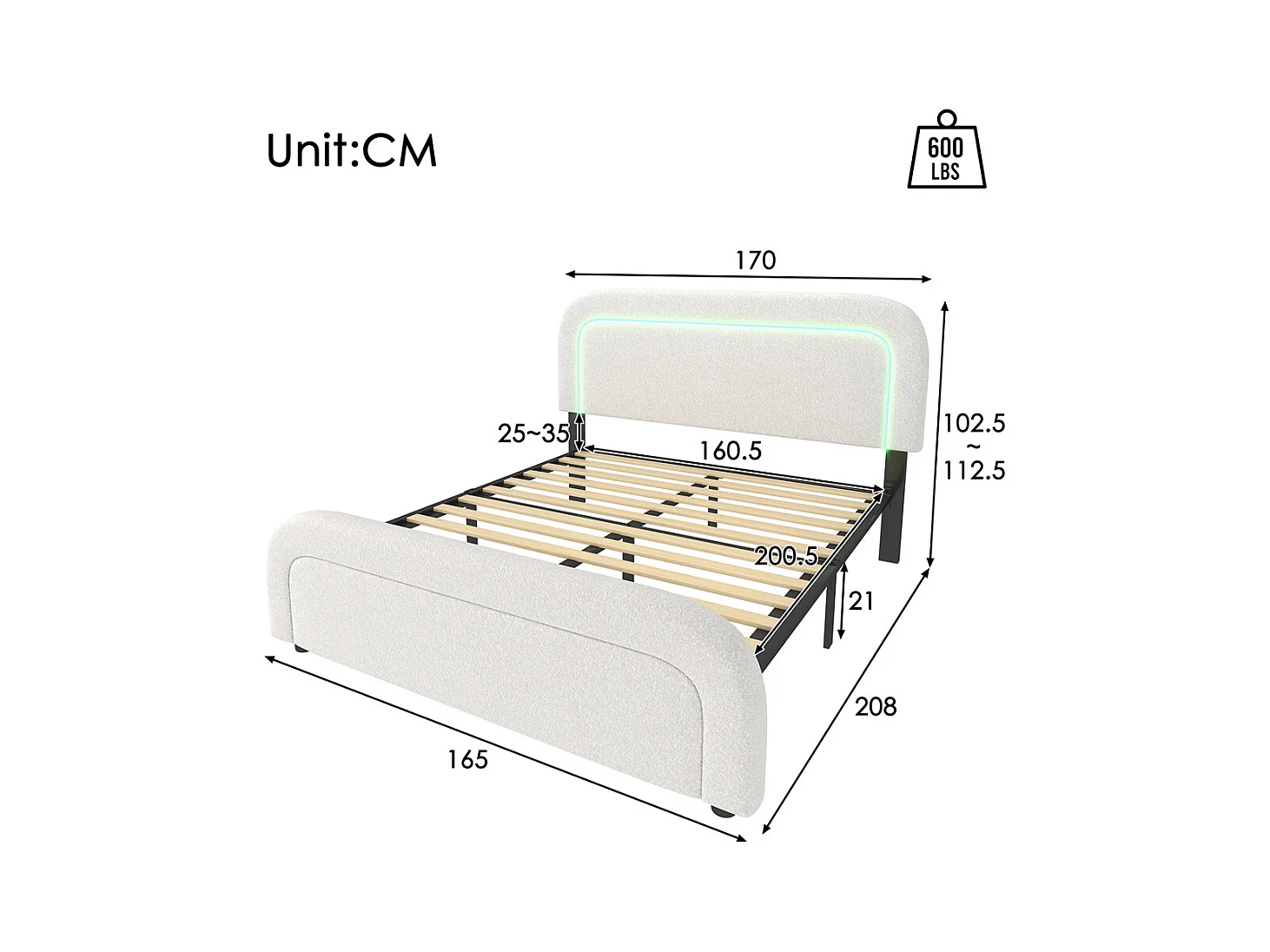Lit rembourré 160x200 cm avec fonction de charge usb type c éclairage led lit sommier à lattes en bois lit double blanc