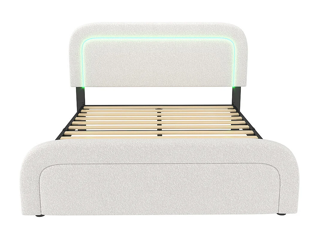 Lit rembourré 160x200 cm avec fonction de charge usb type c éclairage led lit sommier à lattes en bois lit double blanc