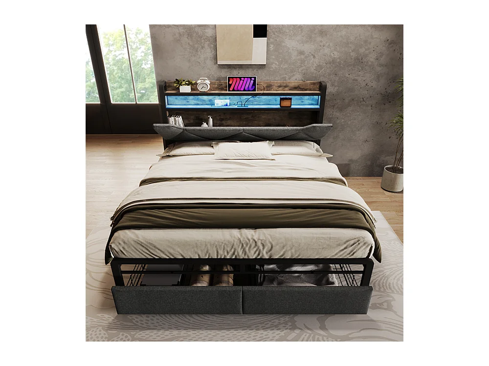 Lit adulte lit 140x200 cm avec cadre métallique lit rembourré avec éclairage led et tiroirs lit double lin gris