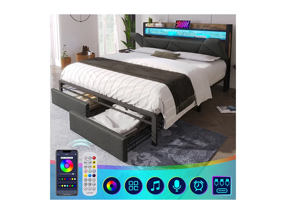 Lit adulte lit 140x200 cm avec cadre métallique lit rembourré avec éclairage led et tiroirs lit double lin gris