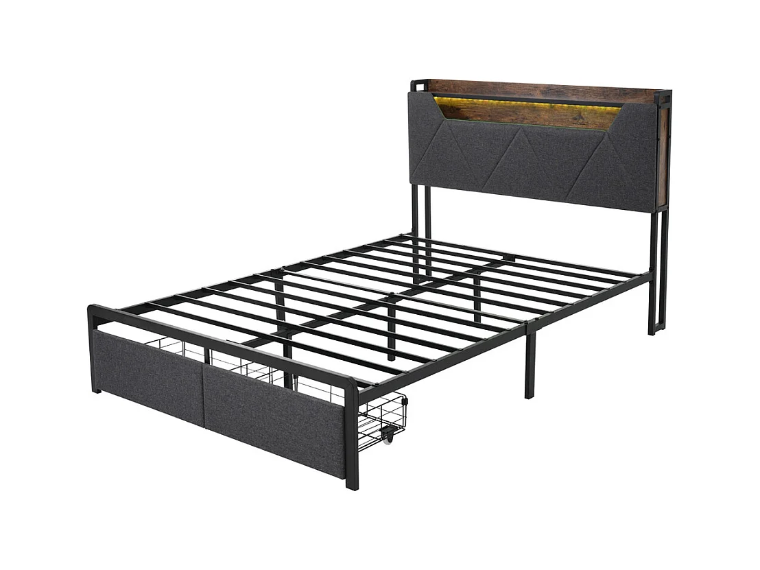 Lit adulte lit 140x200 cm avec cadre métallique lit rembourré avec éclairage led et tiroirs lit double lin gris