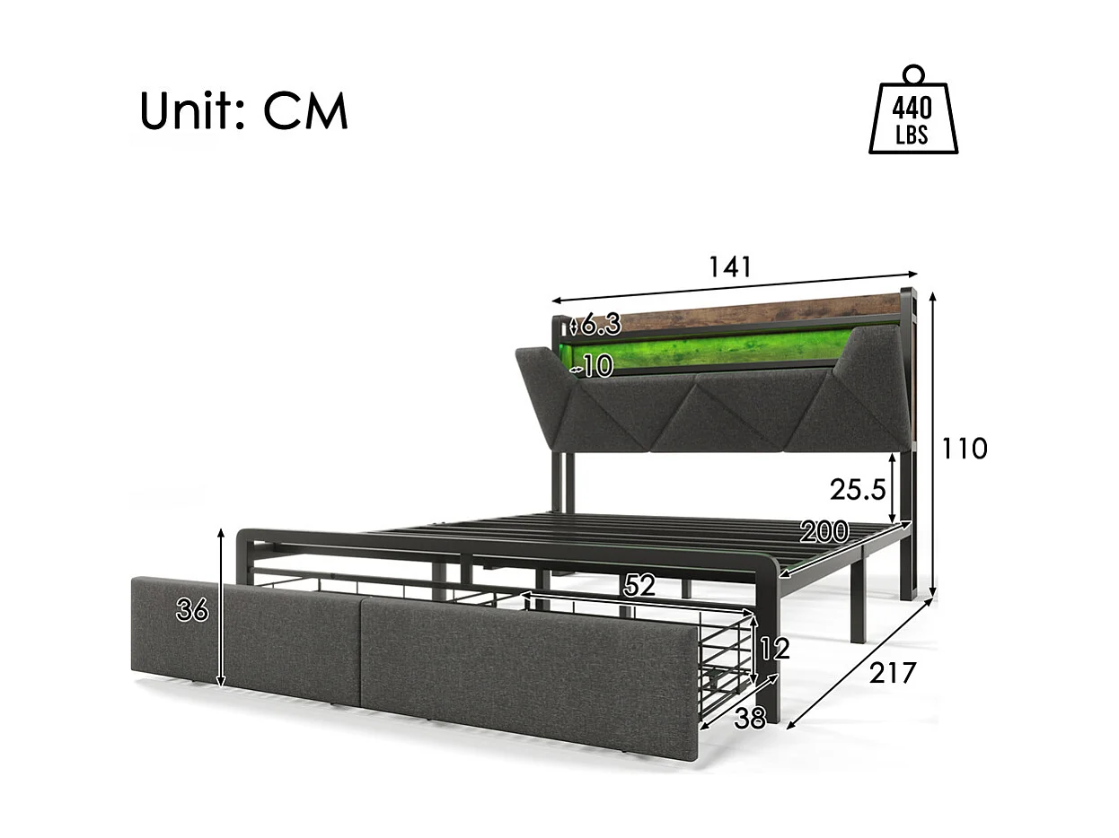 Lit adulte lit 140x200 cm avec cadre métallique lit rembourré avec éclairage led et tiroirs lit double lin gris