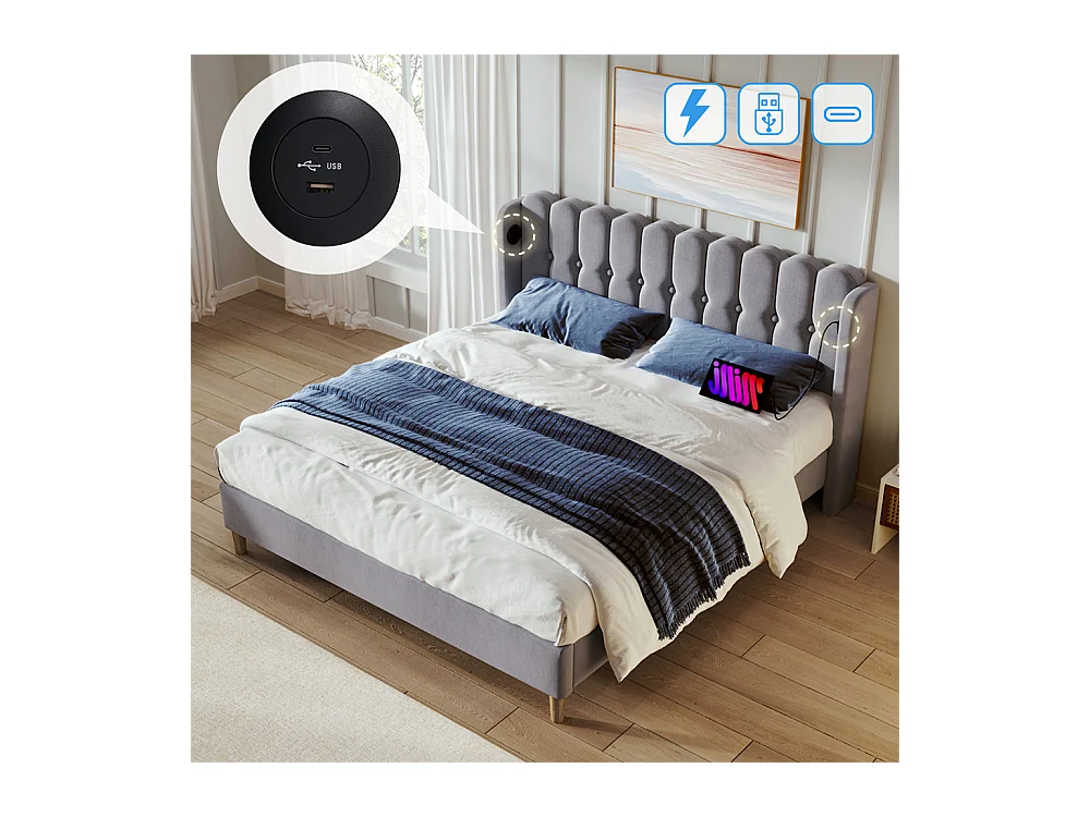 Volwassen bed 140x200 cm gestoffeerd bed met usb type c oplaadfunctie tweepersoonsbed grijs linnen