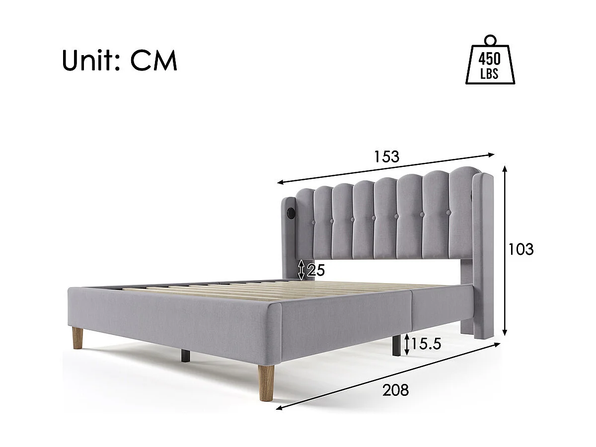 Volwassen bed 140x200 cm gestoffeerd bed met usb type c oplaadfunctie tweepersoonsbed grijs linnen