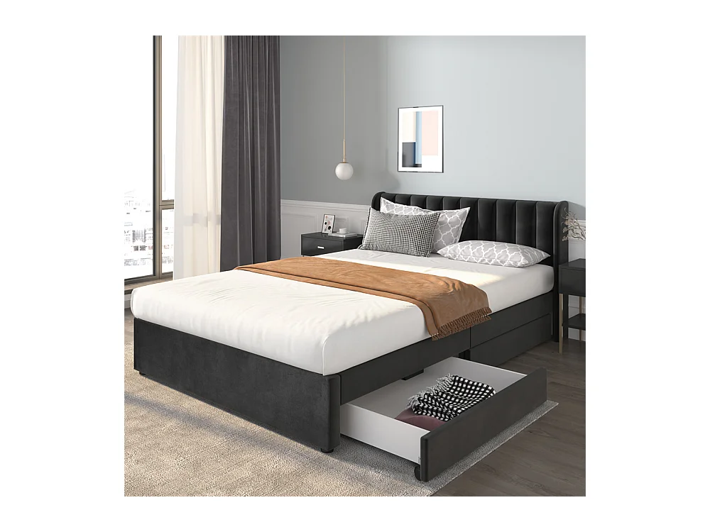 Volwassen bed houten lattenbodem bed 140x200 cm bed gestoffeerd bed 2 laden tweepersoonsbed zwart fluweel