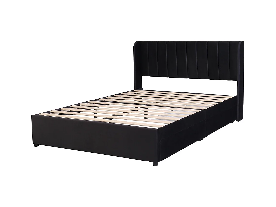 Volwassen bed houten lattenbodem bed 140x200 cm bed gestoffeerd bed 2 laden tweepersoonsbed zwart fluweel
