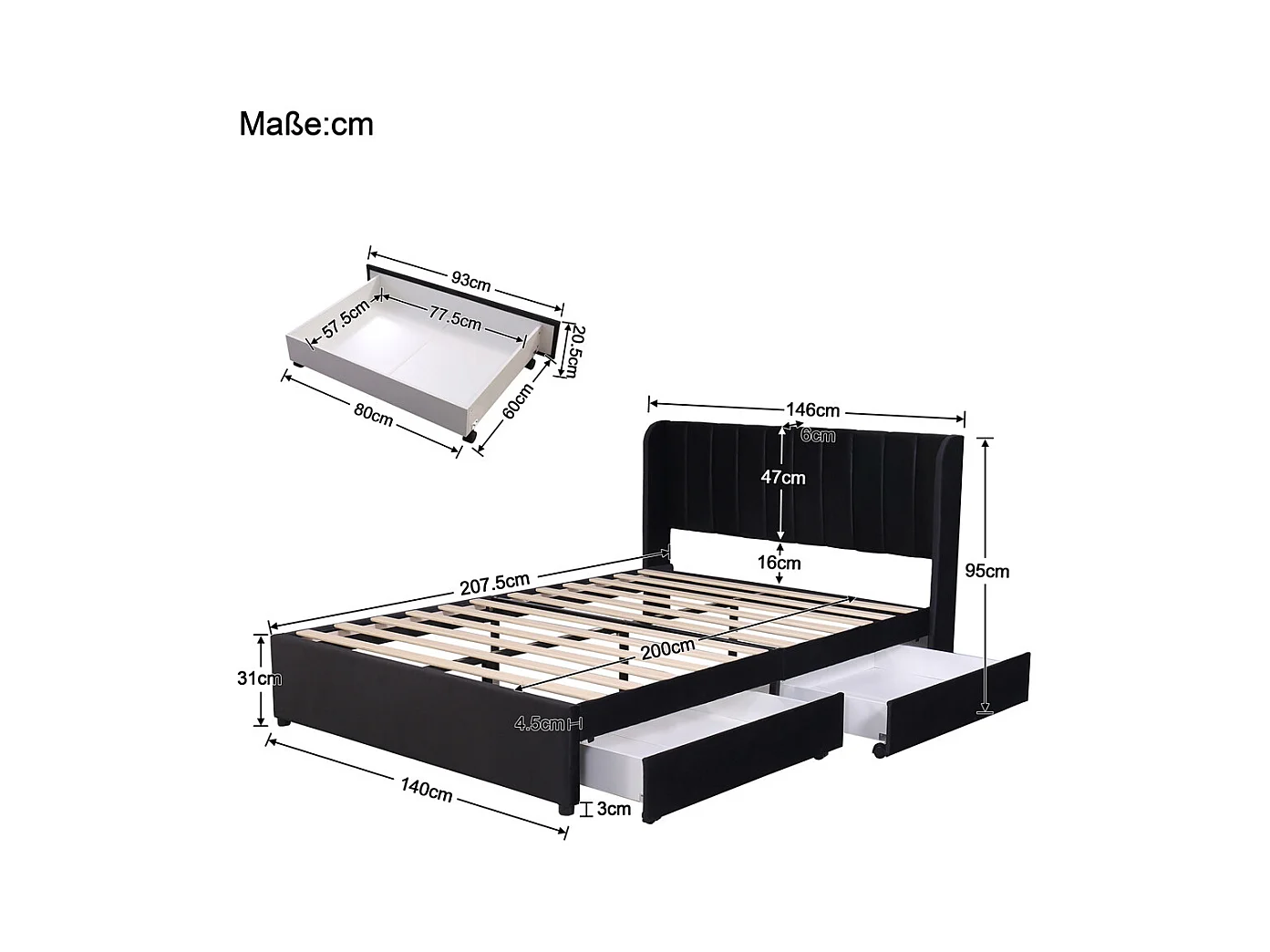 Volwassen bed houten lattenbodem bed 140x200 cm bed gestoffeerd bed 2 laden tweepersoonsbed zwart fluweel