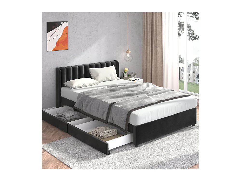 Volwassen bed houten lattenbodem bed 140x200 cm bed gestoffeerd bed 2 laden tweepersoonsbed zwart fluweel