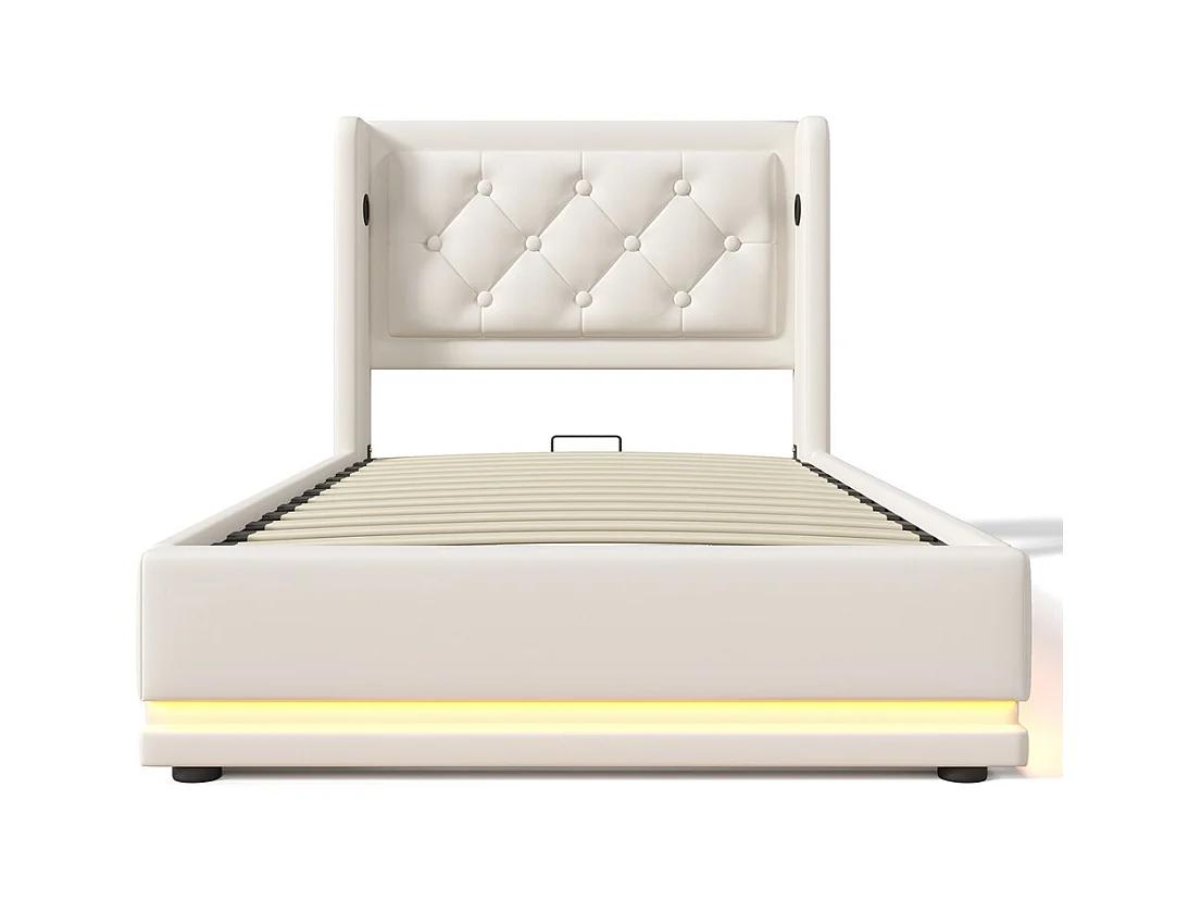 Lit adulte lit 90x200 cm lit rembourré hydraulique lit de rangement Single avec fonction de charge usb type-c tête de lit pu blanc